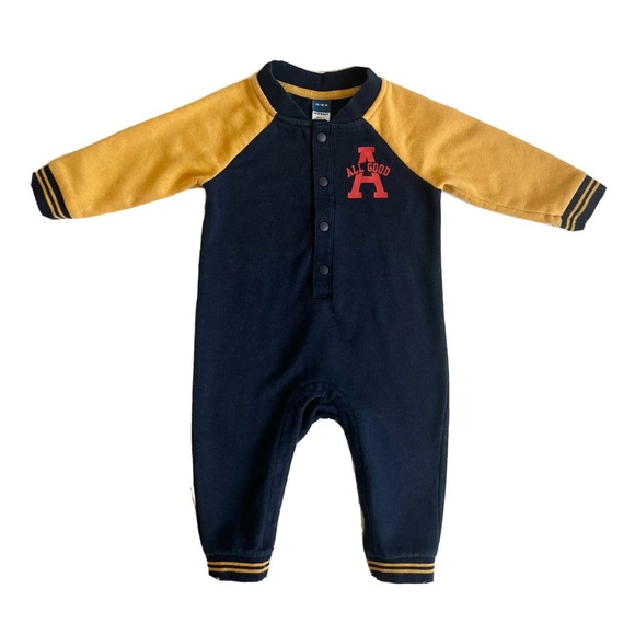 Old Navy 12-18M Jumpsuit Varsity Style Sweatsuit One Piece Blue Yellow A - Picture 1 of 9